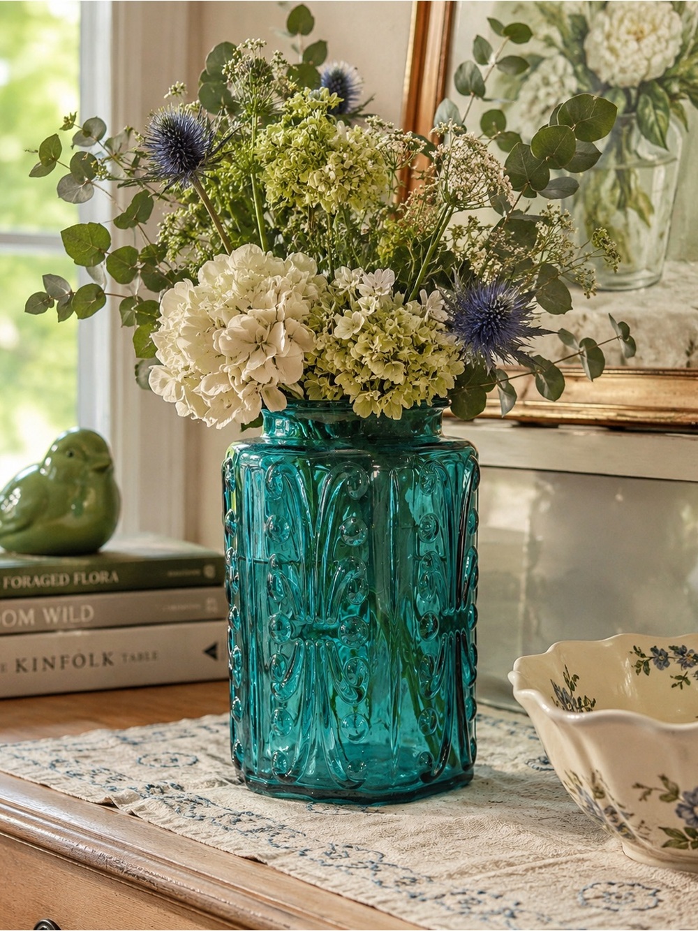 Vintage L E Smith Atterbury Scroll Peacock Teal Blue Glass Canister Vase 9 Inch